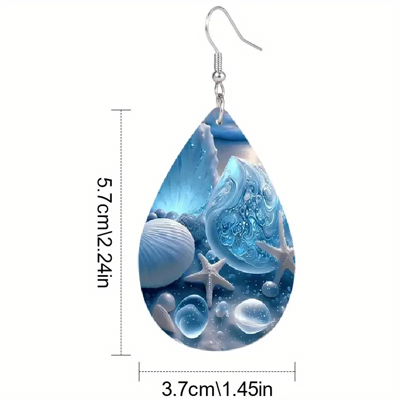 Droplet Shape Fantasy Blue Shell Starfish Pattern Dangle Earrings