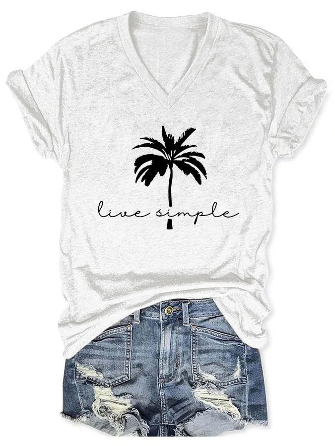 V-neck Beach Trip Palm Tree Live Simple Print T-Shirt