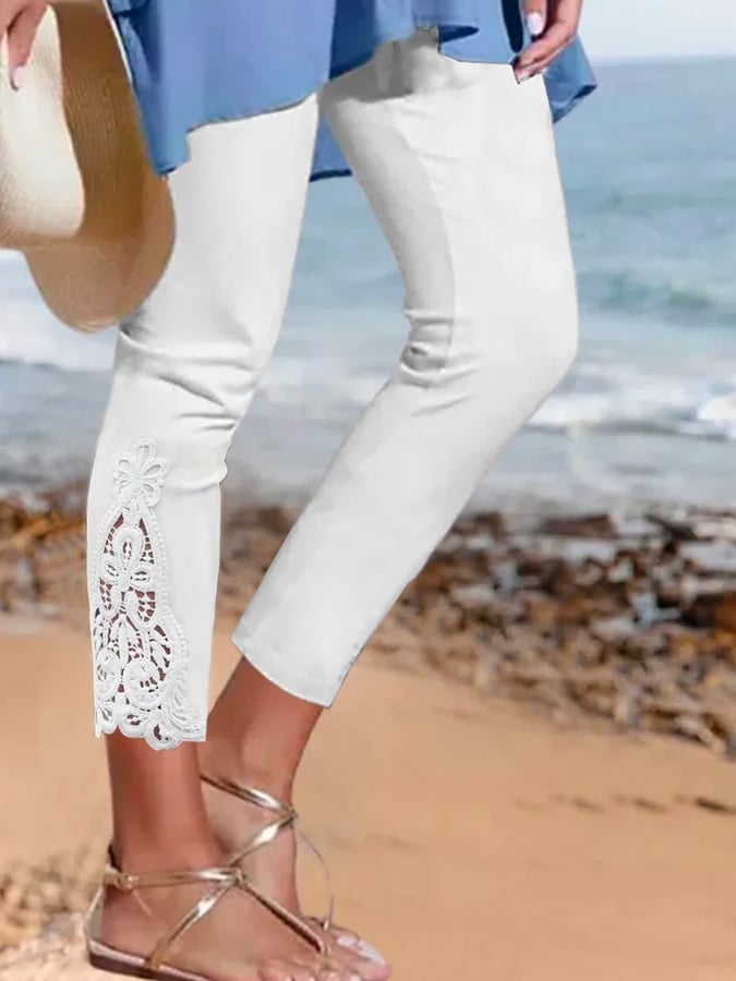 🔥Buy 3 Get 10% Off🔥Women's Pure Color Lace Stitching Casual Cropped Pants