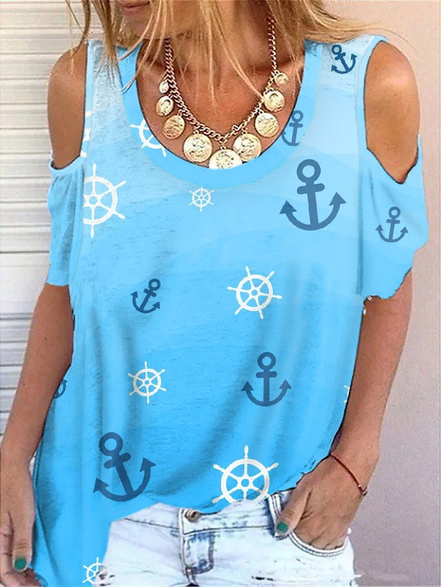 🔥Buy 3 Get 10% Off🔥Anchor Print Off-Shoulder Short Sleeve T-Shirt