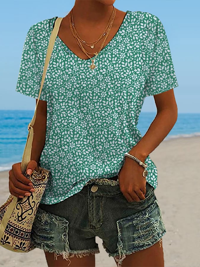 🔥Best Match🔥Women's Hawaiian Vacation Print Casual V-Neck T-Shirt