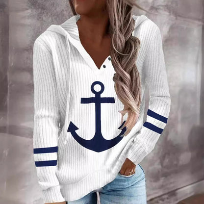 Anchor Print Button Hoodie