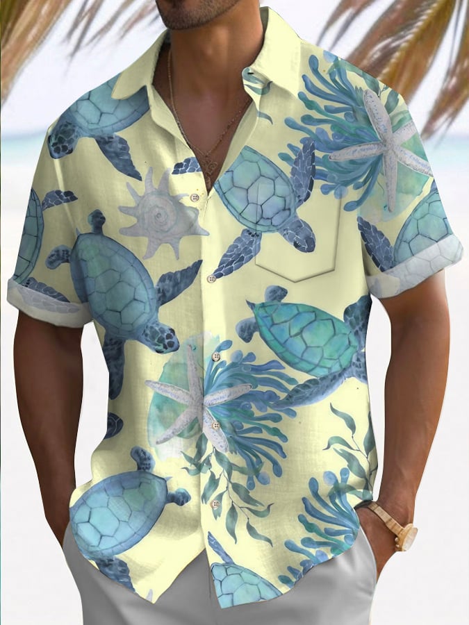 🔥Buy 3 Get 10% Off🔥Men's Hawaiian Turtle Print Casual Short Sleeve Shirt (With Pockets)