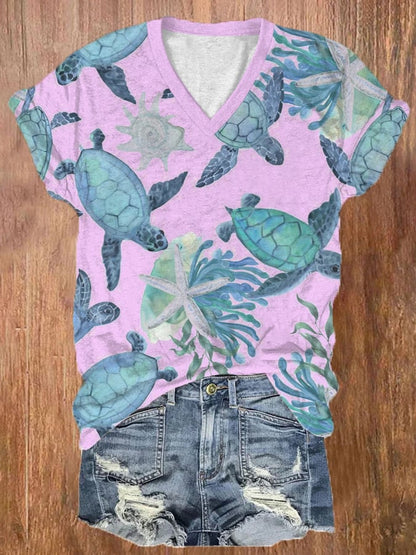 🔥Buy 3 Get 10% Off🔥Women's Hawaiian Turtle Print Casual V-Neck T-Shirt