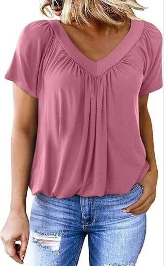 Women's Casual Pleated V-Neck Short-Sleeve Top