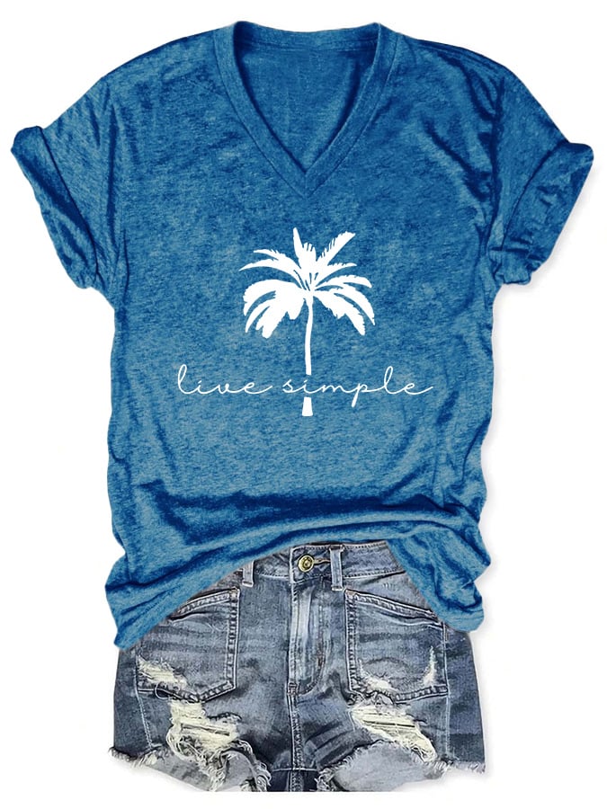 V-neck Beach Trip Palm Tree Live Simple Print T-Shirt