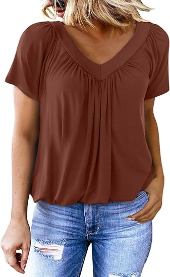 Women's Casual Pleated V-Neck Short-Sleeve Top