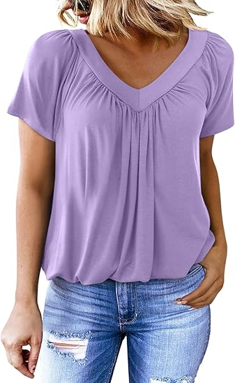 Women's Casual Pleated V-Neck Short-Sleeve Top