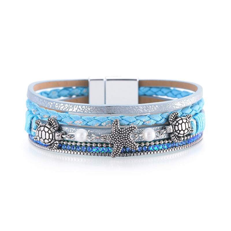 Starfish Magnetic Clasp Bangle Bracelet PU Leather Inlaid Shiny Rhinestones Multilayer Braided Hand Jewelry For Women Holiday Style