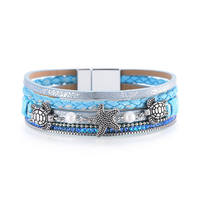 Starfish Magnetic Clasp Bangle Bracelet PU Leather Inlaid Shiny Rhinestones Multilayer Braided Hand Jewelry For Women Holiday Style