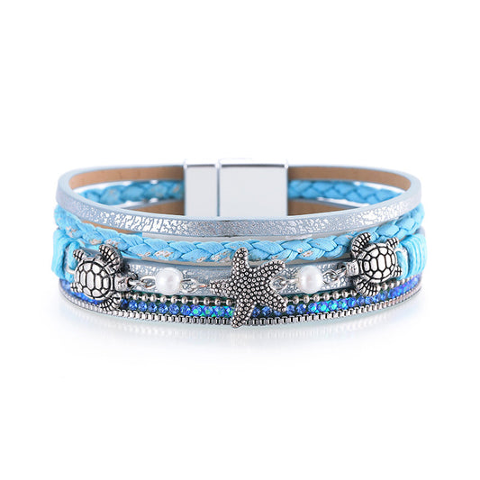 Starfish Magnetic Clasp Bangle Bracelet PU Leather Inlaid Shiny Rhinestones Multilayer Braided Hand Jewelry For Women Holiday Style