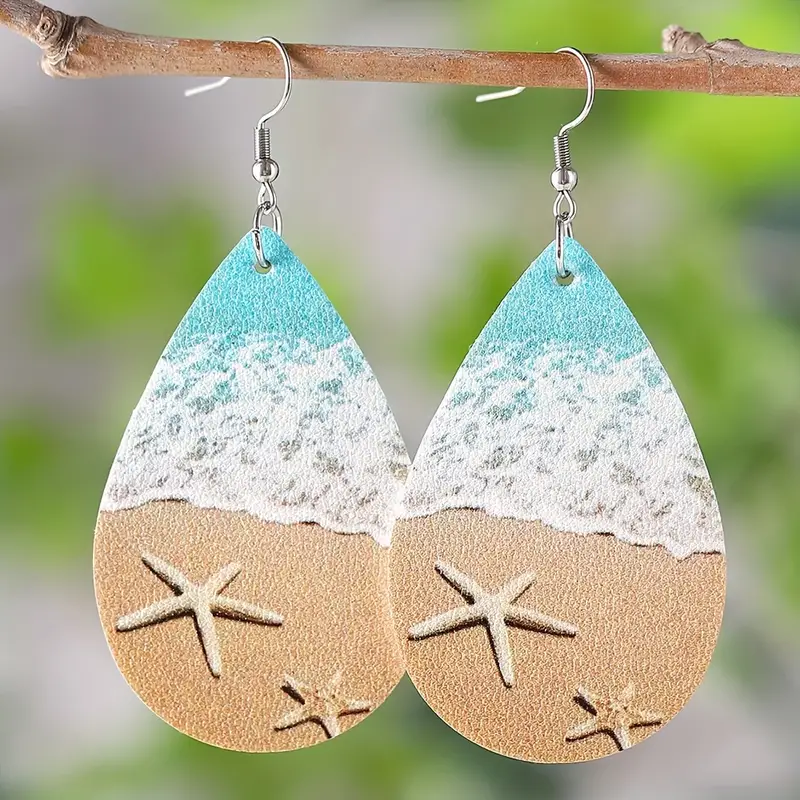 Vacation Ocean Beach Sea Wave Starfish Ladies PU Double-sided Water Drop Dangle Earrings