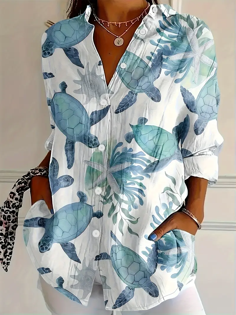 Women'S Vintage-Inspired Turtle Print Casual Button-Up Shirt - Long Sleeve