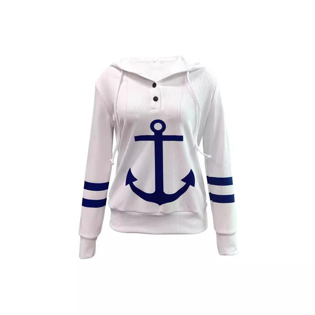 Anchor Print Button Hoodie