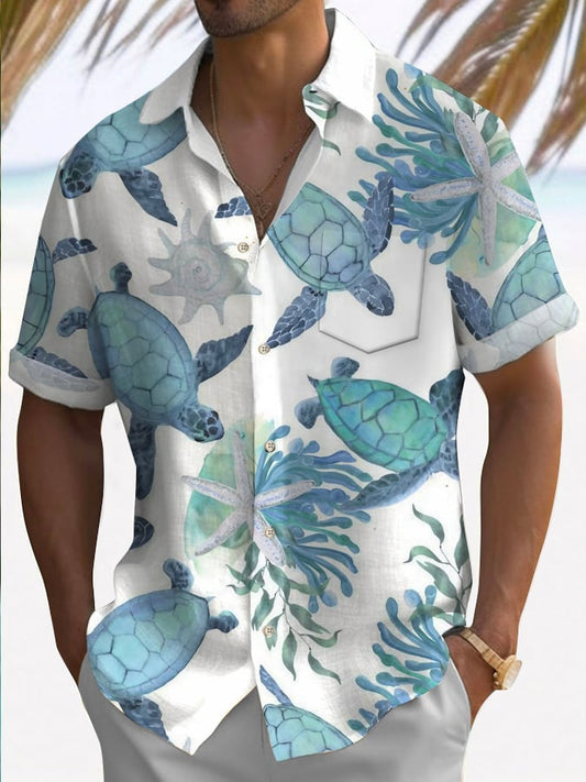 🔥Buy 3 Get 10% Off🔥Men's Hawaiian Turtle Print Casual Short Sleeve Shirt (With Pockets)
