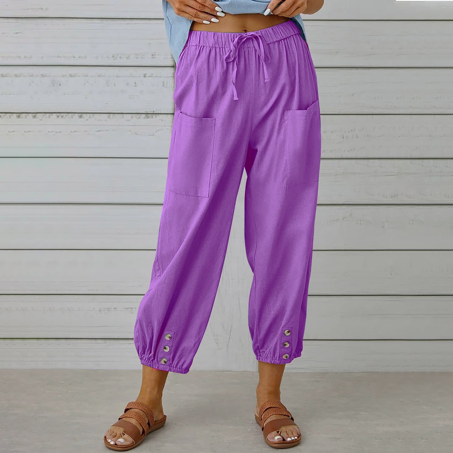 Solid Color Casual With Pocket Buttons Cotton Linen Trousers