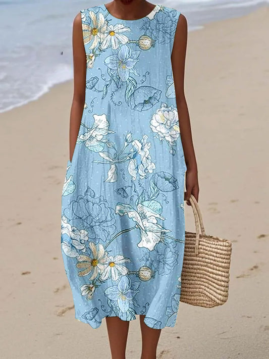 Women's Elegant Flower  Print Sleeveless Cotton Pocket Wrap Dress
