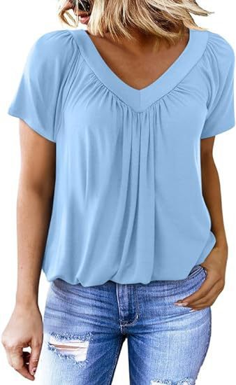 Women's Casual Pleated V-Neck Short-Sleeve Top