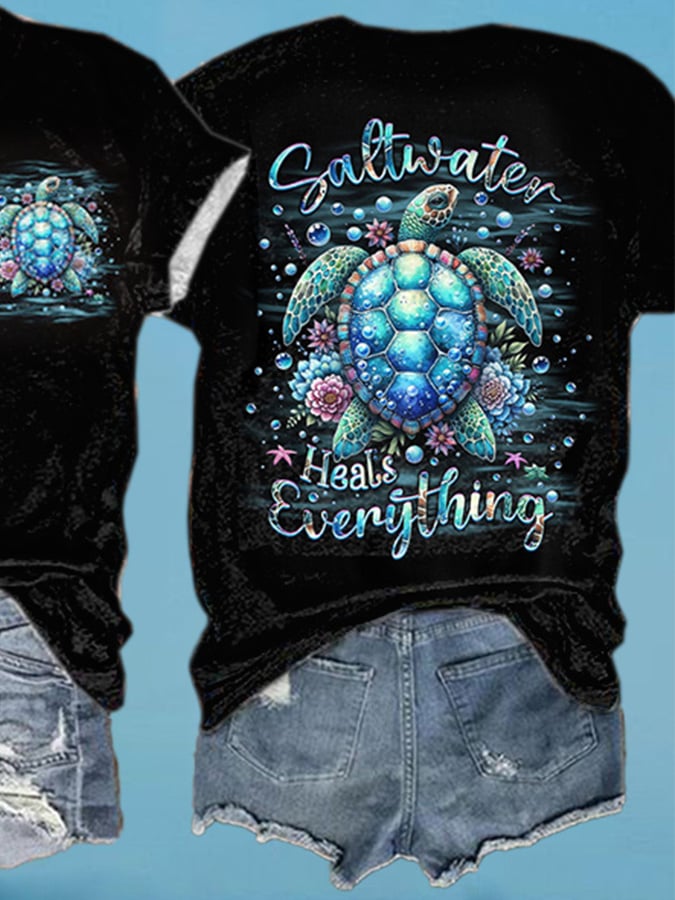 V-Neck Beach Vacation Sea Turtle Saltwater Heals Everything Print T-Shirt