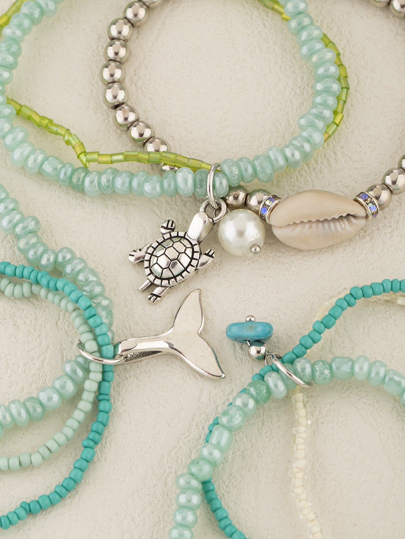 Ocean Style Small Whale Turtle Pendant Glass Beads Multilayer Shell Stacking Bracelet
