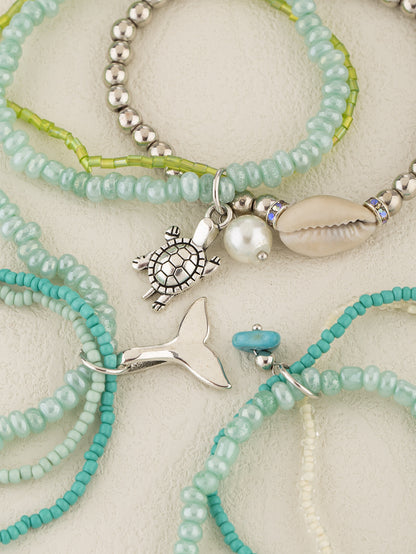 Ocean Style Small Whale Turtle Pendant Glass Beads Multilayer Shell Stacking Bracelet