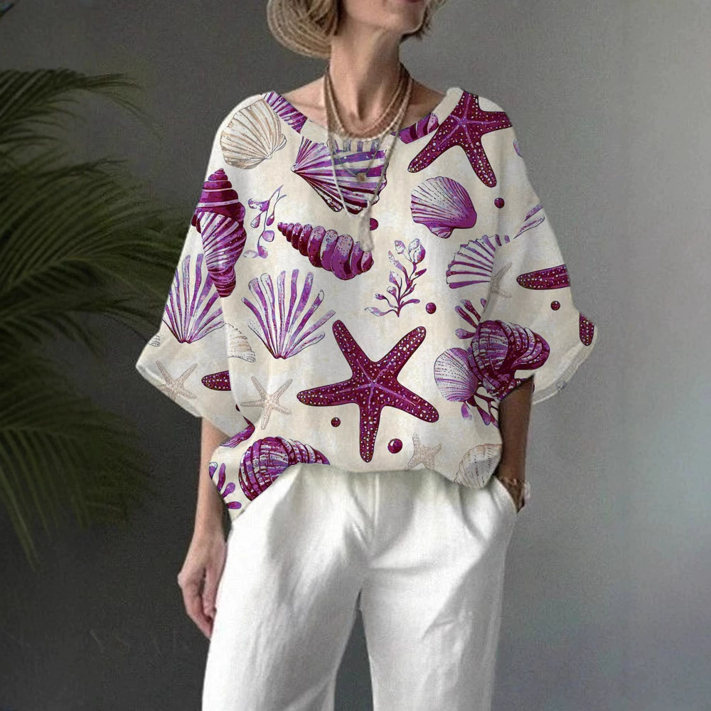 Women'S Casual Loose Underwater World Starfish Print Pattern Half-Sleeve Round Neck Top