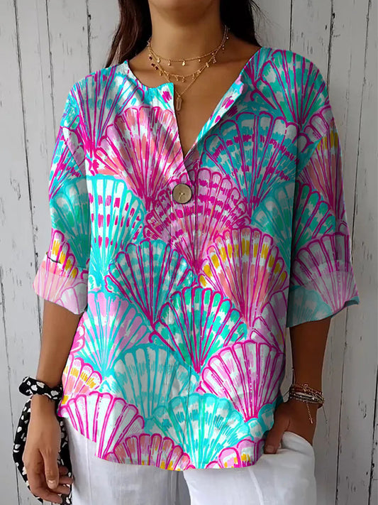 Colorful Sea Shell Pattern Printed Women's Casual Cotton Linen Shirt