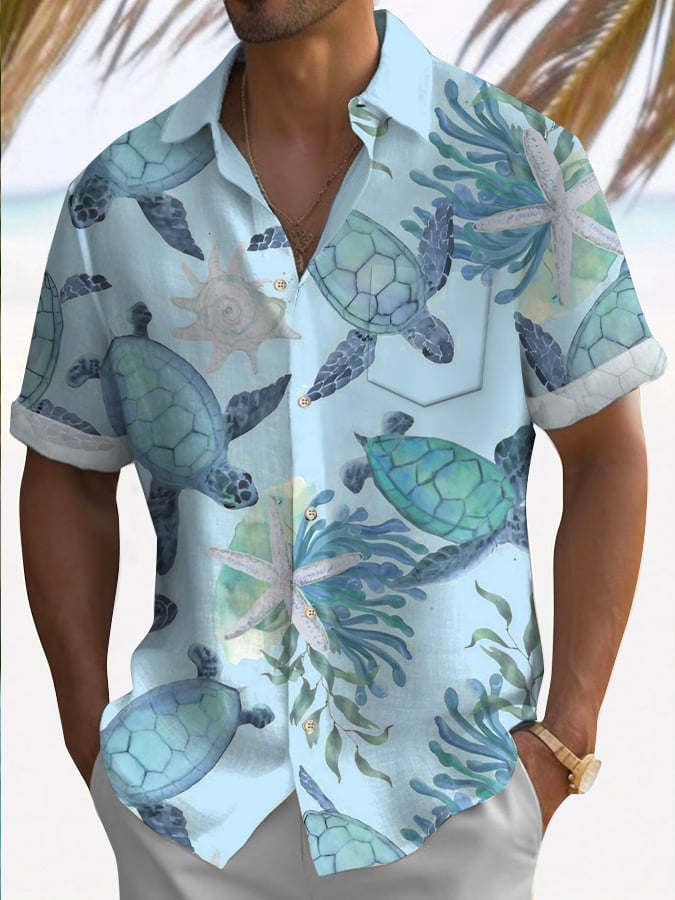 🔥Buy 3 Get 10% Off🔥Men's Hawaiian Turtle Print Casual Short Sleeve Shirt (With Pockets)