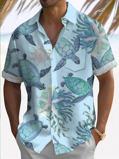 🔥Buy 3 Get 10% Off🔥Men's Hawaiian Turtle Print Casual Short Sleeve Shirt (With Pockets)