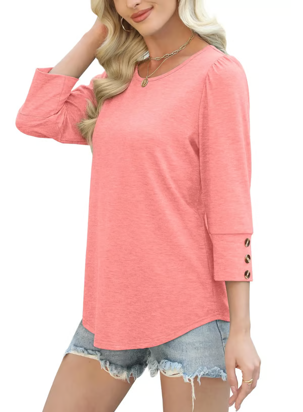 2025 New Women's Casual 3/4 Sleeve with Buttons Dressy Blouses