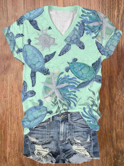 🔥Buy 3 Get 10% Off🔥Women's Hawaiian Turtle Print Casual V-Neck T-Shirt