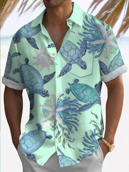 🔥Buy 3 Get 10% Off🔥Men's Hawaiian Turtle Print Casual Short Sleeve Shirt (With Pockets)