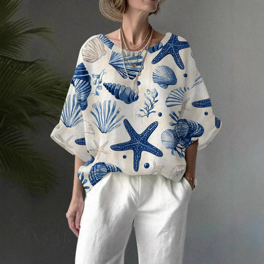 Women'S Casual Loose Underwater World Starfish Print Pattern Half-Sleeve Round Neck Top