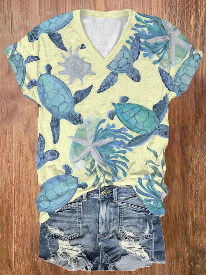 🔥Buy 3 Get 10% Off🔥Women's Hawaiian Turtle Print Casual V-Neck T-Shirt