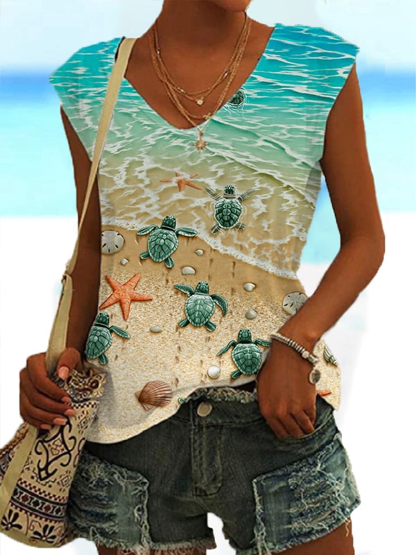 🔥Buy 3 Get 10% Off🔥Women's Turtle Print V-Neck Sleeceless Casual T-Shirt