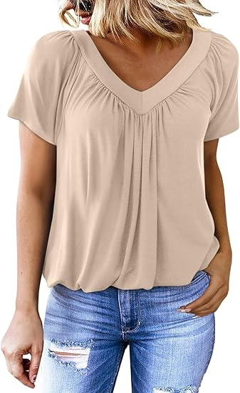Women's Casual Pleated V-Neck Short-Sleeve Top