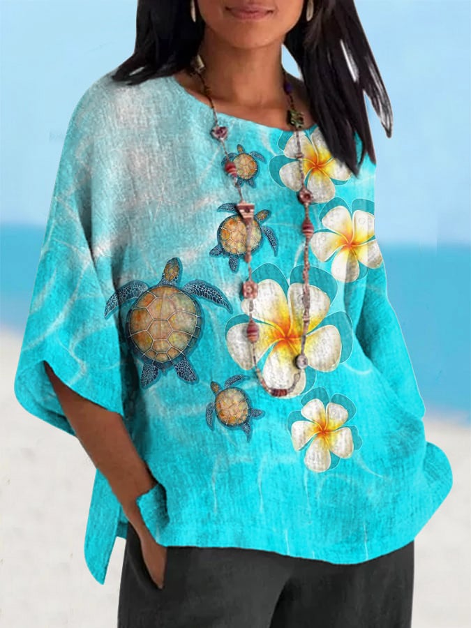 Women's Hawaii Floral Sea Turtle Print Casual Top
