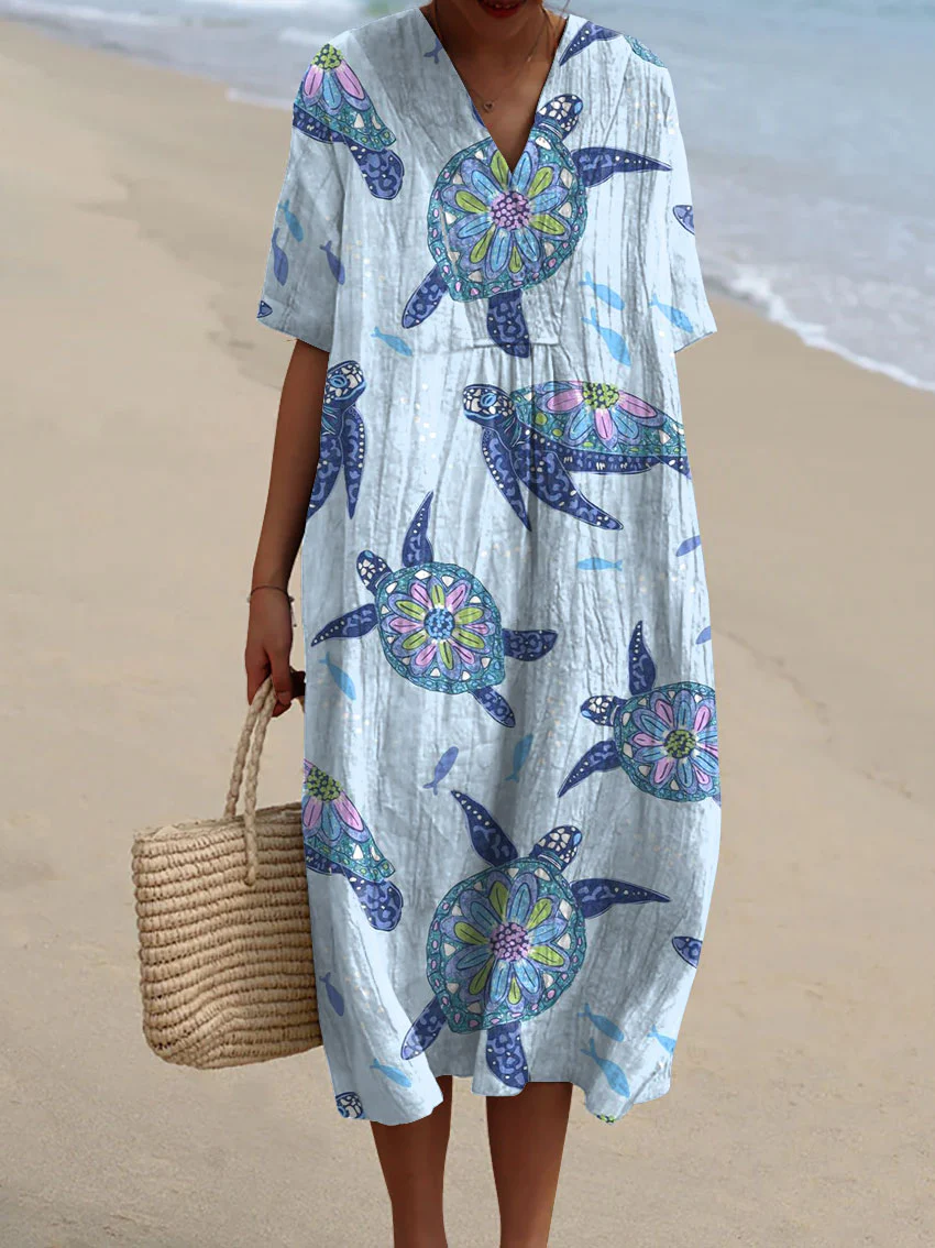 Women's Resort Collection Watercolor Turtle Pattern Pattern Casual Flowy Dress