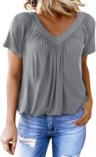 Women's Casual Pleated V-Neck Short-Sleeve Top