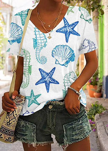 Ocean Style Sea Star Printed Loose Short Sleeve T-Shirt