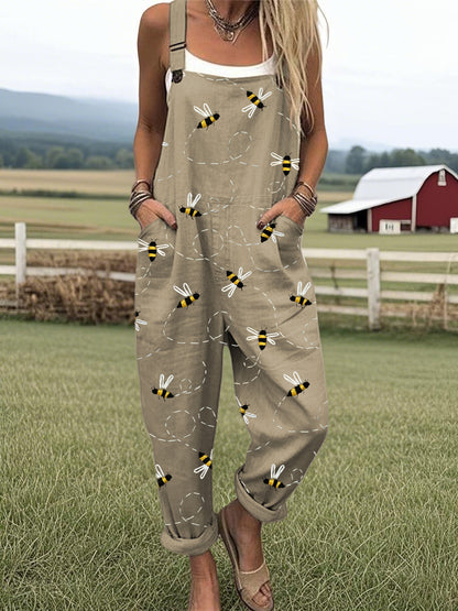 Women's Flying Bees Embroidery Pattern Casual Cotton Wide Leg Jumpsuit