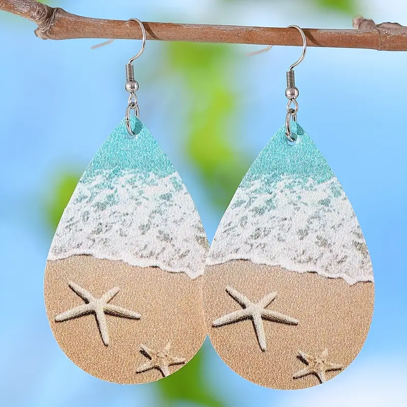 Vacation Ocean Beach Sea Wave Starfish Ladies PU Double-sided Water Drop Dangle Earrings