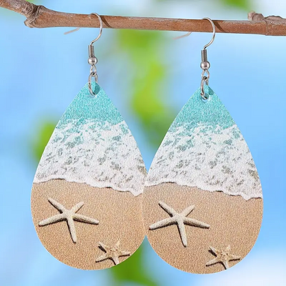 Vacation Ocean Beach Sea Wave Starfish Ladies PU Double-sided Water Drop Dangle Earrings