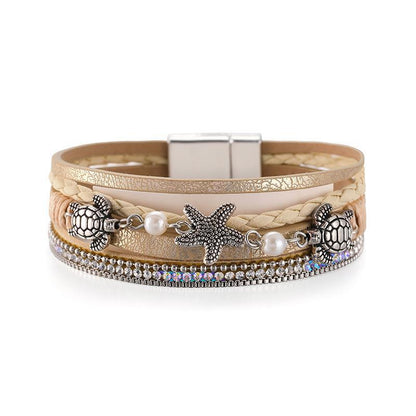 Starfish Magnetic Clasp Bangle Bracelet PU Leather Inlaid Shiny Rhinestones Multilayer Braided Hand Jewelry For Women Holiday Style