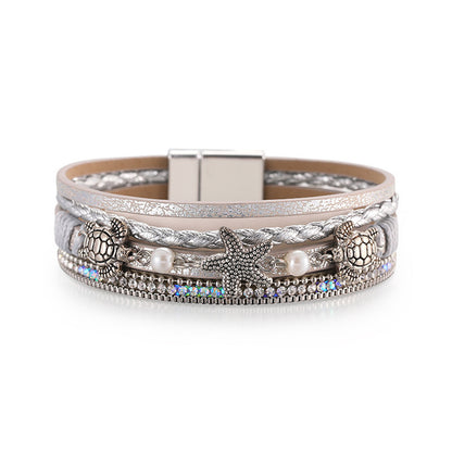 Starfish Magnetic Clasp Bangle Bracelet PU Leather Inlaid Shiny Rhinestones Multilayer Braided Hand Jewelry For Women Holiday Style