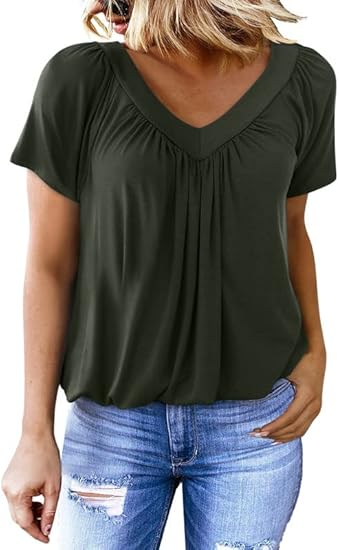 Women's Casual Pleated V-Neck Short-Sleeve Top