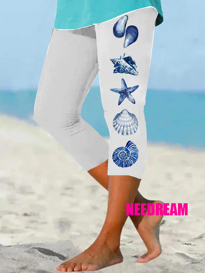 Women's Watercolor Seashells  Print Resort Casual Leggings