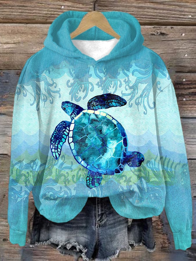 Women's Casual Turtle Print Hooded Long Sleeve Sweatshirt